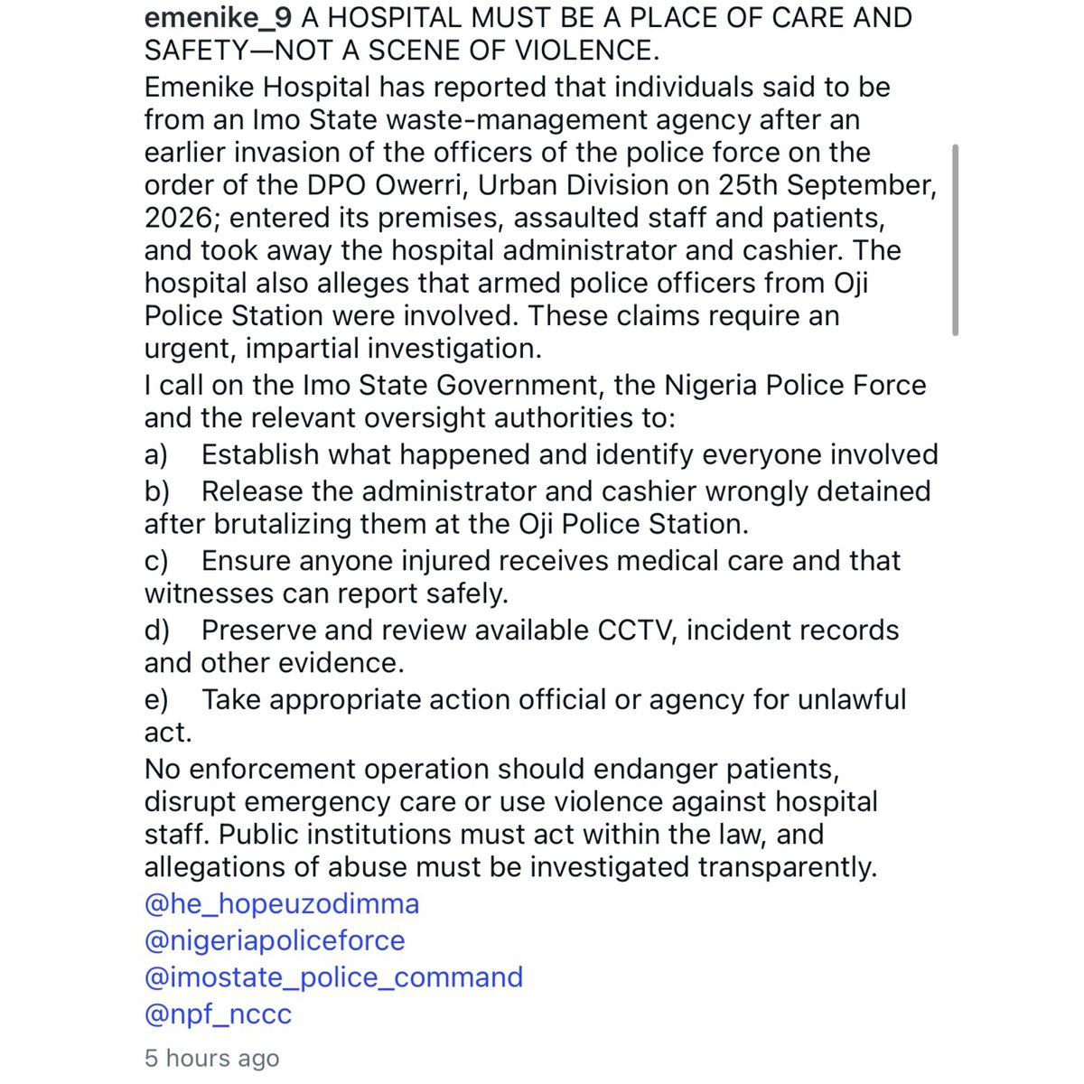 FTVReport1's tweet photo. Former Super Eagles striker Emmanuel Emenike has accused Imo police officers and waste management officials of invading his Owerri hospital, assaulting staff and patients, and arresting two employees. He has called for an investigation and their release. https://t.co/tFRUkrDNCc