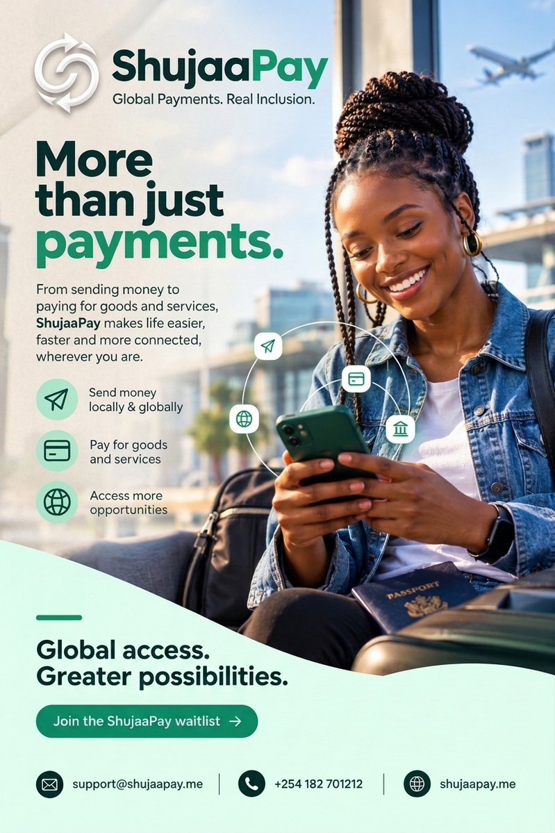 Shujaapay's tweet photo. Payments should move as easily as you do.

Whether you're sending money, receiving payments, or paying for what matters, ShujaaPay is built around making global payments simpler and more accessible.

One connected world. More possibilities.

ShujaaPay. Global Payments. Real Inclusion.

Join the waitlist at https://t.co/0a6oi9d1Sn

#ShujaaPay #GlobalPayments #DigitalPayments #Fintech #FinancialInclusion #Kenya #fyp