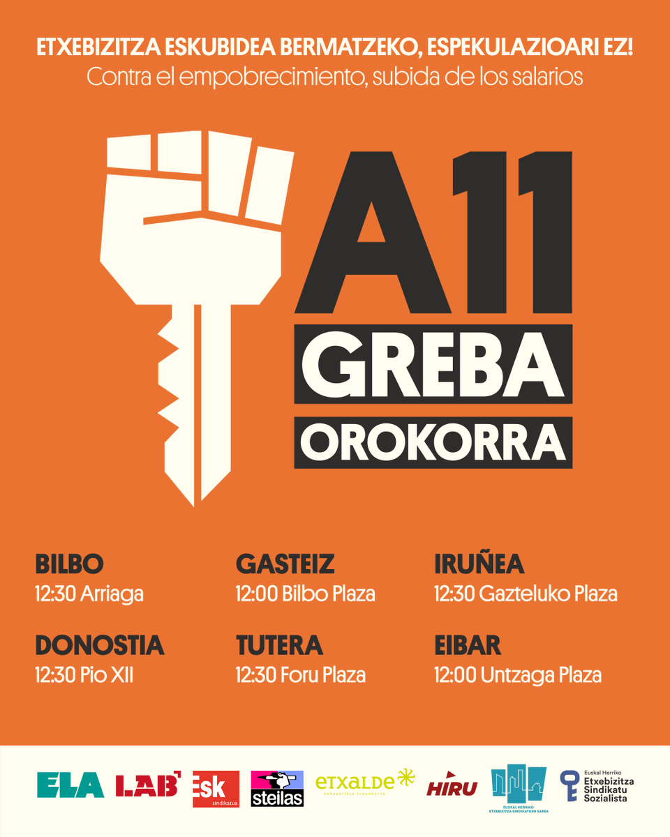 EtxeSindikatua's tweet photo. 𝐀𝟏𝟏 | 𝐆𝐑𝐄𝐁𝐀 𝐎𝐑𝐎𝐊𝐎𝐑𝐑𝐀  

Euskal Herriko Etxebizitza Sindikatuok, euskal gehiengo sindikalarekin batera, mobilizazioak deitu ditugu.   

Greba orokorrak ardura politiko guztiak seinalatu eta erroko eraldaketak bultzatzeko balio dezan egingo dugu lan. https://t.co/jDFwTXf5I1