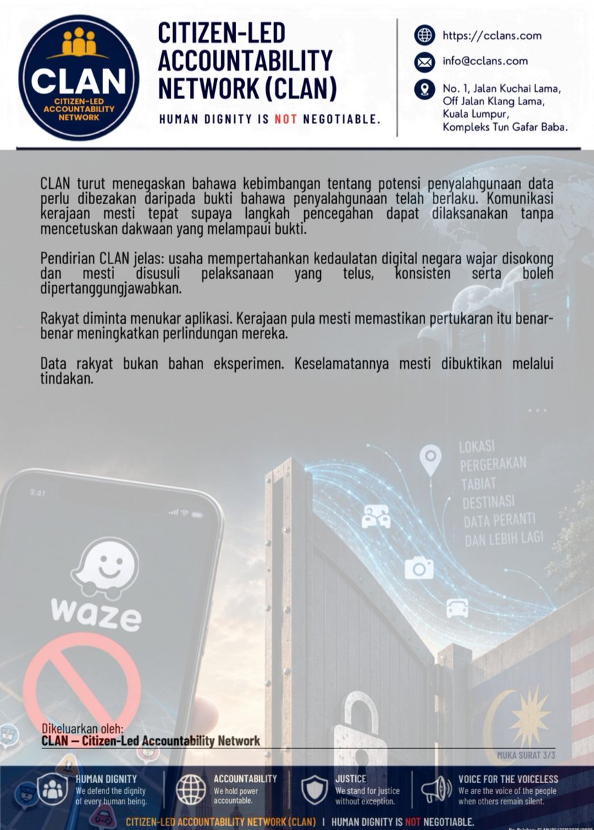 Marchfoward's tweet photo. TERKINI 

CLAN Malaysia menyeru agar Kerajaan Malaysia tidak membuat langkah separuh masak

Kononnya melindungi rakyat dan penjawat awam dari Israel dengan menyekat dan menggalakkan larangan penggunaan Waze tetapi tidak menjaga data peribadi rakyat Malaysia dalam talian di platform 

Selain memberi Alternatif yang betul betul boleh menggantikan Waze dan bukannya projek separuh masak