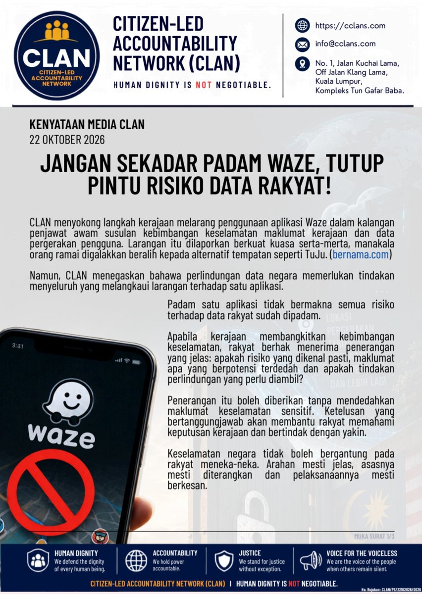 Marchfoward's tweet photo. TERKINI 

CLAN Malaysia menyeru agar Kerajaan Malaysia tidak membuat langkah separuh masak

Kononnya melindungi rakyat dan penjawat awam dari Israel dengan menyekat dan menggalakkan larangan penggunaan Waze tetapi tidak menjaga data peribadi rakyat Malaysia dalam talian di platform 

Selain memberi Alternatif yang betul betul boleh menggantikan Waze dan bukannya projek separuh masak