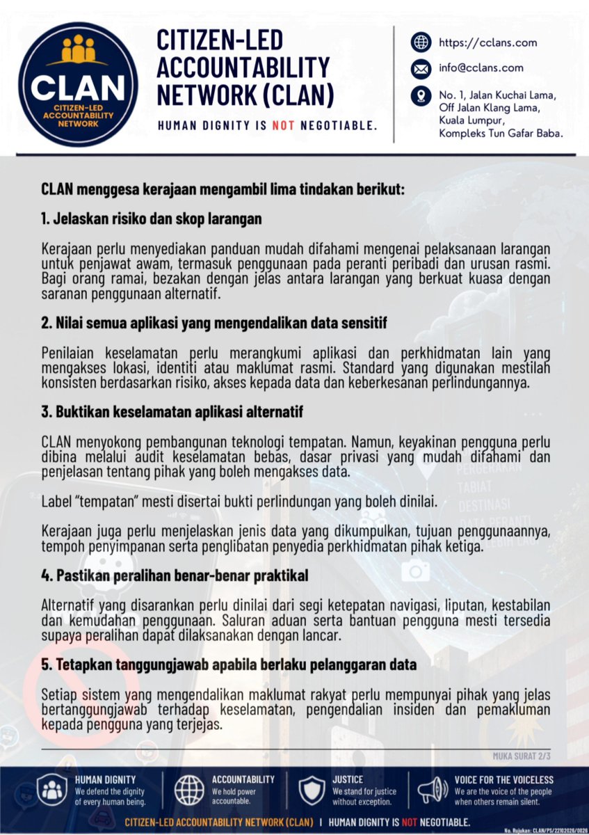 Marchfoward's tweet photo. TERKINI 

CLAN Malaysia menyeru agar Kerajaan Malaysia tidak membuat langkah separuh masak

Kononnya melindungi rakyat dan penjawat awam dari Israel dengan menyekat dan menggalakkan larangan penggunaan Waze tetapi tidak menjaga data peribadi rakyat Malaysia dalam talian di platform 

Selain memberi Alternatif yang betul betul boleh menggantikan Waze dan bukannya projek separuh masak