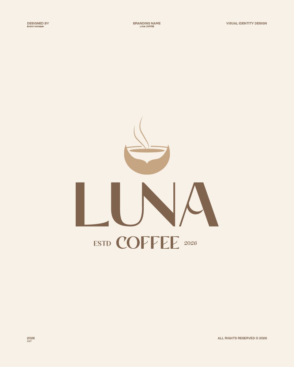 ibrahim_mohasen's tweet photo. @TactusDe1 مشاركتي في المسابقة  
الفكرة الثانية من تصميم شعار وهوية بصرية لعلامة قهوة LUNA، برؤية كلاسيكية أنيقة تستلهم رمزية القمر وتترجمها إلى هوية تحمل طابعًا فاخرًا وخالدًا. https://t.co/FplaJsgDyq