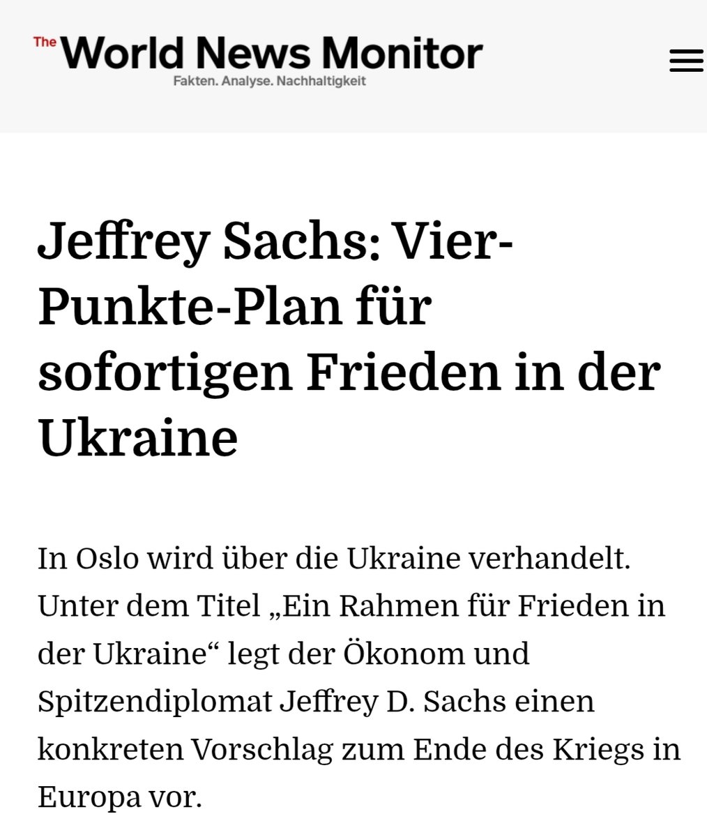 IuliiaMendel's tweet photo. Jeffrey Sachs, the American economist, published an article in the German outlet @WNewsMonitor outlining a possible framework for peace in Ukraine. He proposes a single package that would:

* Establish permanent Ukrainian neutrality (constitutional, Austrian-style) — no NATO membership and no foreign military bases
* Allow Ukraine to pursue EU membership, but only as a permanently neutral state
* Freeze the current line of contact as a ceasefire line, with neither side recognizing the other’s territorial claims
* End further NATO eastward expansion

Additional terms include:

* Ukrainian forces withdraw from the part of Donetsk they control, which becomes a demilitarized zone that Russian troops do not enter
* Russia withdraws from areas it holds in Dnipropetrovsk region and the Kinburn Spit
* A demilitarized “Northern security zone” on both sides of the border, with Russia leaving Kharkiv and Sumy
* The Zaporizhzhia nuclear plant stays under Russian control with IAEA oversight while selling power to Ukraine at cost

Here are the main points. Tell me in the comments what you think.