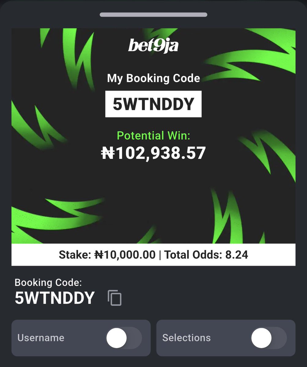 blunttips's tweet photo. Europa league game @Bet9jaOfficial ☣️

15 odds 5WTN6KZ
8 odds 5WTNDDY
8 odds 5WTNSCX
5 odds 5WTNKJC

Don’t miss out 

Green luck champs 👊🟩

#bet9jacode 
#bet9jacode https://t.co/kMQ2dFlIXS
