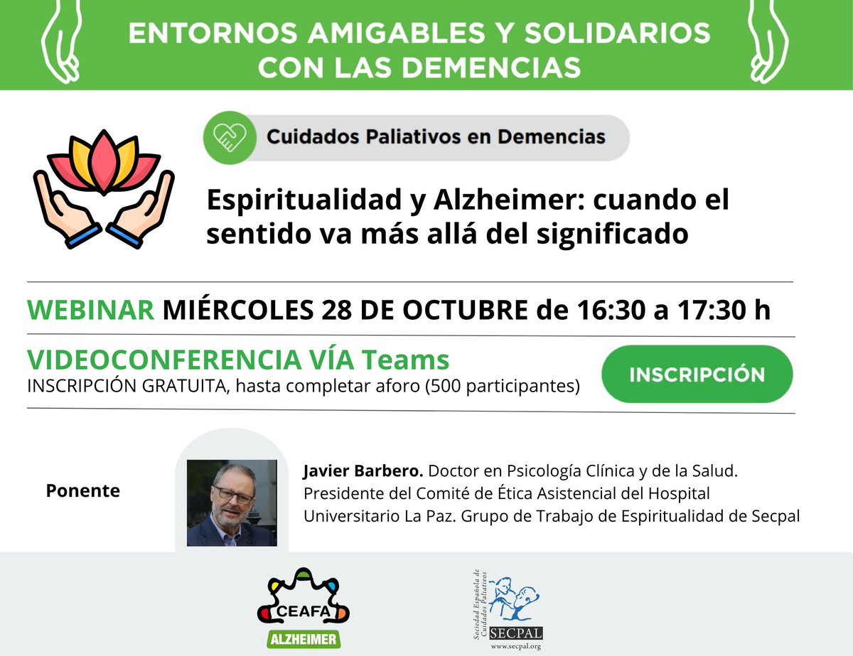 AlzheimerCeafa's tweet photo. 🔜 El próximo webinar de #CEAFA y #SECPAL abordará una dimensión a menudo poco visible la espiritualidad

📅 28/10 🕓16:30h
🧑‍🏫 Con Javier Barbero, doctor en Psicología Clínica y de la Salud 🏥@HospiLaPaz @secpal_ 

✅ Inscripción gratuita 
➡️https://t.co/XcvVtObmgv

#Alzheimer https://t.co/XGAl5lNF6i