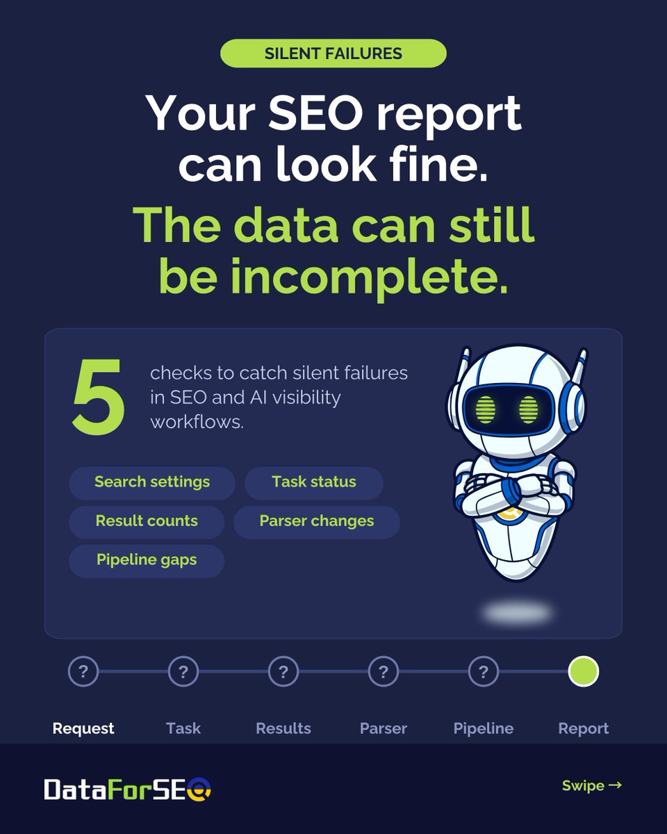 dataforseo's tweet photo. Your SEO report can look fine and be wrong.  

5 checks for silent failures: 
→ Request: same search settings?
→ Task: did it really succeed?
→ Results: is the data complete?
→ Parser: can it read the response?
→ Pipeline: did the data survive?

Check 2 can cost you money 👇 https://t.co/QEyAx9cjfz