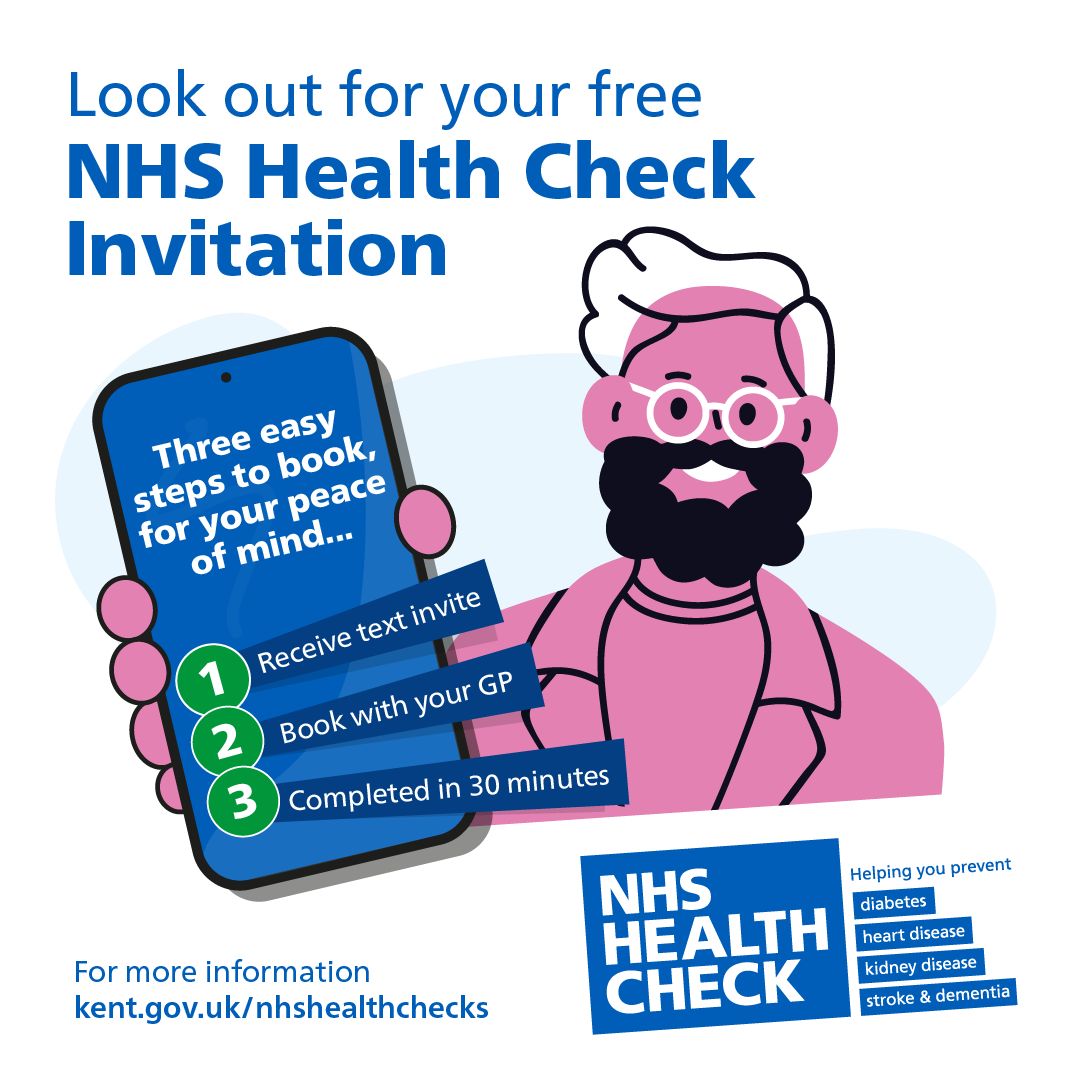 Kent_cc's tweet photo. Look out for your free #NHSHealthCheck invitation! 📲

If you're aged 40 to 74 (without a pre-existing condition), you will receive a text from your GP surgery or local authority inviting you for a free check every 5 years.

In just 30 minutes, this quick check-up can help prevent heart disease, diabetes, kidney disease, stroke, and dementia.