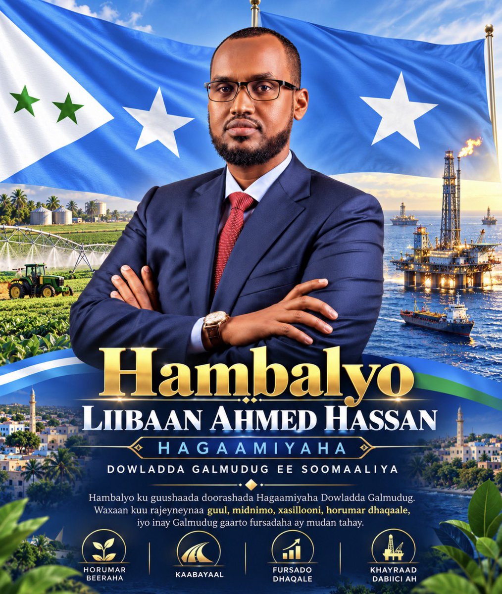 Feysalvip's tweet photo. Hambalyo Liibaan Axmed Xasan oo loo doortay Hagaamiyaha Galmudug! Waxaan kuu rajaynayaa guul iyo hoggaan ku dhisan midnimo, caddaalad iyo horumar.

Hambalyo gaar ah shacabka Galmudug oo muujiyey in Soomaaliya laga hirgelin karo doorasho qof iyo cod ah oo ku dhacda nabad, tartan xor ah iyo isbeddel siyaasadeed oo aan colaad wadin.

Galmudug waxay tusaale u noqon kartaa Soomaaliya inteeda kale.