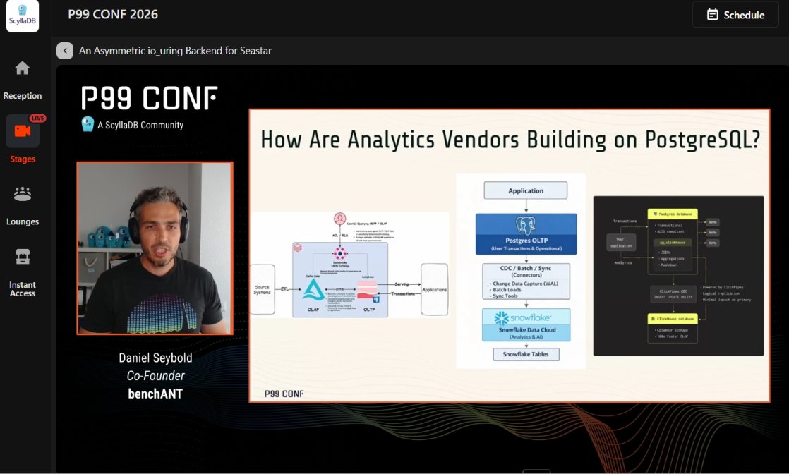 Md_mudasser's tweet photo. Can PostgreSQL go beyond transactional workloads?

Daniel Seybold shares key insights:
🔹 DuckDB brings columnar analytics to PostgreSQL.
🔹 Citus enables distributed columnar storage.
🔹 Performance varies across analytical workloads.
@P99CONF @ScyllaDB #ScyllaDB #P99CONF https://t.co/XgMIMzJMbZ