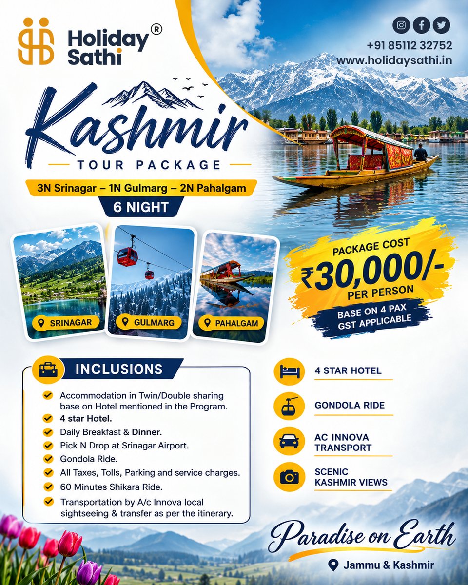 34Devilman's tweet photo. Paradise on Earth is calling. Explore Kashmir with our 6-night package: 3N Srinagar, 1N Gulmarg, 2N Pahalgam. Includes 4-star stays, Gondola and Shikara rides, meals, AC transport. ₹30, 000 per person. GST applicable. https://t.co/wOFzGqwF21