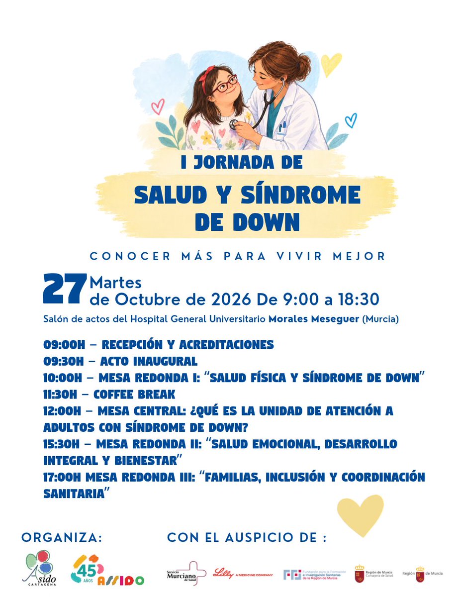 ASSIDOMURCIA's tweet photo. 💙 El 27 de octubre, ASSIDO y ASSIDO Cartagena celebran la I Jornada de Salud y Síndrome de Down en Murcia. ¡Inscripciones abiertas! 👇 https://t.co/NCm6dBV0YR https://t.co/Lm8huwzLg5