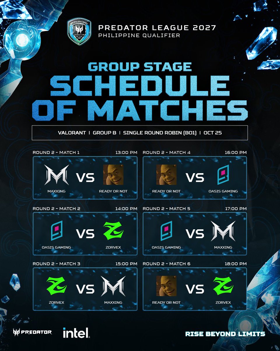 predatorph's tweet photo. Sunday brings Group B into the heart of action! Catch Oasis Gaming, Zorvex, Ready or Not, and Maxxing as they fight for two spots in the Playoffs.

Catch the action this October 25 on our official channels on Facebook and YouTube! 
#PredatorGaming #ItLiesWithin #IntelGaming https://t.co/2hsznNZVDz