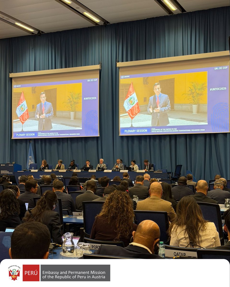 PeruinAustria's tweet photo. In a video message, Foreign Minister Carlos Espá reaffirmed the Peruvian Government’s priority to combat transnational organised crime and to address the links between drug trafficking, illegal mining and logging, human trafficking, and other offences. https://t.co/ZkIPlr4zul