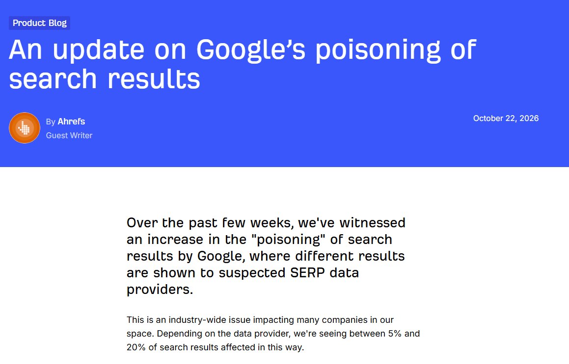 glenngabe's tweet photo. We now have a statement from @ahrefs regarding Google poisoning the search results and the overall tracking issues they are facing. I followed up with ahrefs to see if graphs will change, and be corrected, based on the cleanup they mentioned in the post. Stay tuned.

"We already have multiple filters in place to detect and reject the abnormal results and request accurate replacements. We're also cleaning up any past results that may have been affected."
https://t.co/fihwIyZH8P