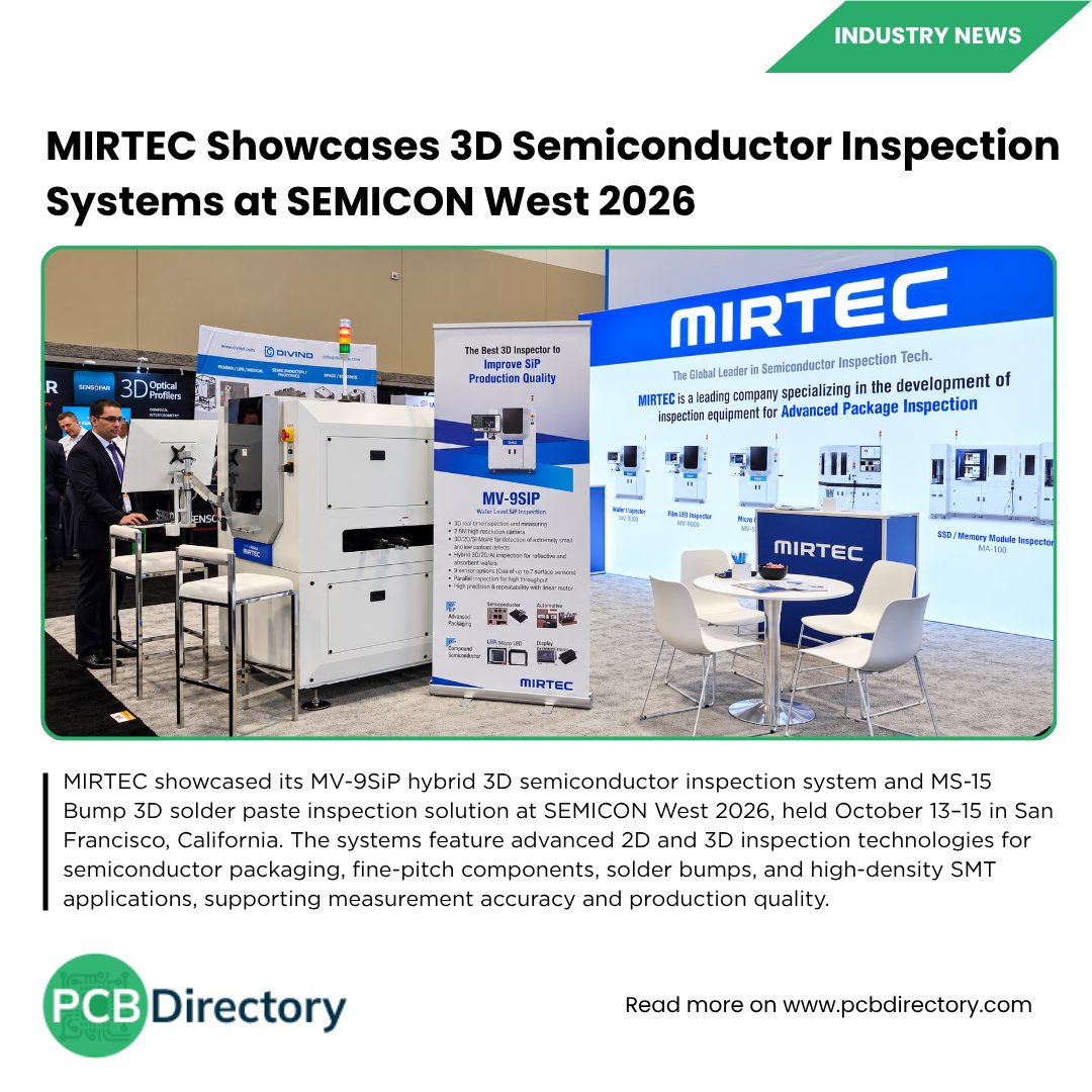 PCB_Directory's tweet photo. MIRTEC Showcases 3D Semiconductor Inspection Systems at SEMICON West 2026.

Read more: https://t.co/yCUkleqAUN

#SEMICONWest2026 #3DInspection #SemiconductorInspection #MV9SiP #SMT #LED #VisionSystems #QualityControl #ElectronicsManufacturing https://t.co/ijFGwXkYxo