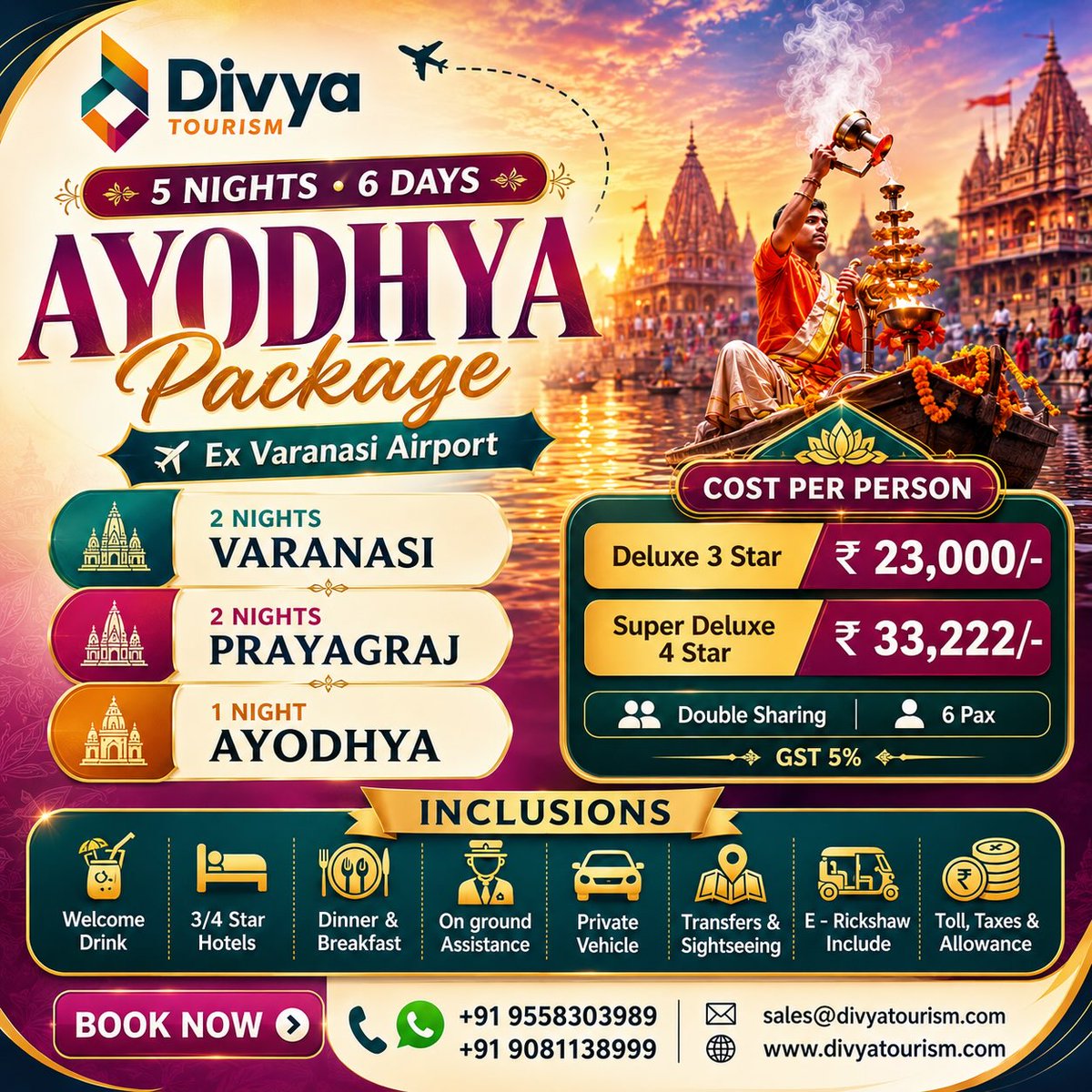juandan14775815's tweet photo. Experience a divine journey through Varanasi, Prayagraj and Ayodhya. 5 Nights / 6 Days
3 &amp; 4 Star Hotels
Private Vehicle &amp; Sightseeing
Breakfast &amp; Dinner

Starting at ₹23, 000 per person. Book with Divya Tourism. https://t.co/2JWsTVNZxS