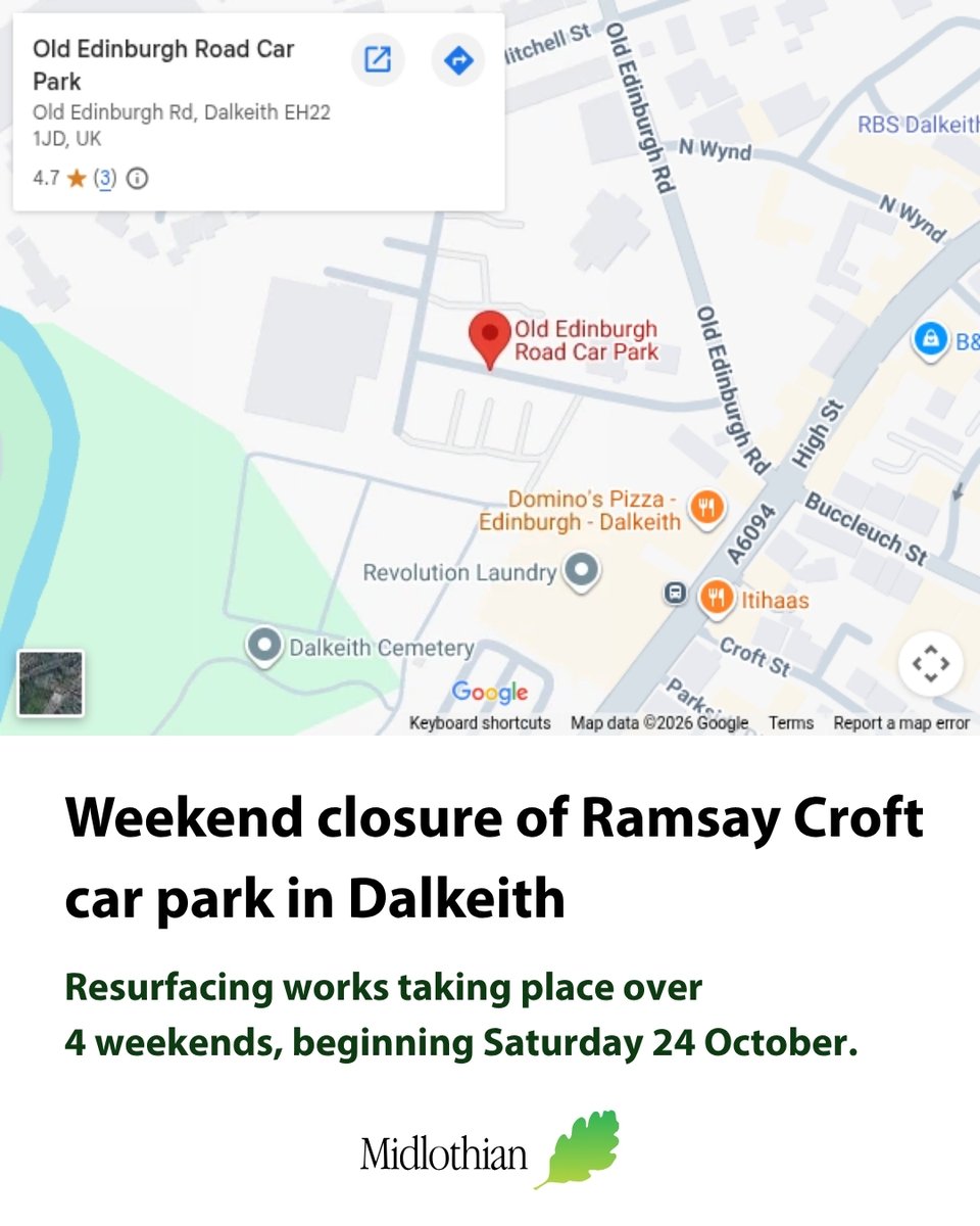 midgov's tweet photo. 🚧 Ramsay Croft car park, Dalkeith, will be closed to vehicles over four weekends from 24 Oct to 15 Nov while resurfacing works take place.

The car park will remain open Monday to Friday. Pedestrian access to the bowling club and pétanque courts will be maintained throughout. https://t.co/J7OMnpjdZq