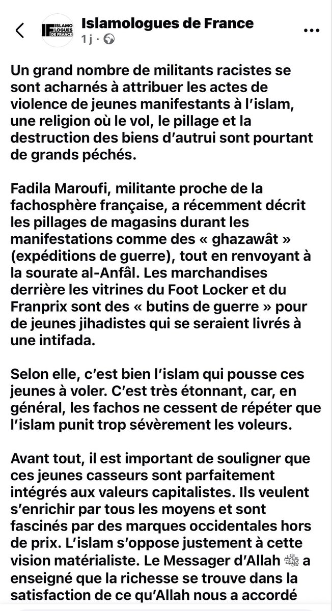 Maaroufi9's tweet photo. L'art des pervers est de dire la moitié de la vérité. Le vol est interdit en islam entre musulmans, hors temps de guerre. Mais que disent les textes à propos des « mécréants » ? Considérer l'Europe comme dâr al-harb (territoire de guerre) revient à rendre licites (istihlâl) les biens des « mécréants ». La grande majorité des imams enseignent ce discours aux musulmans dès l'enfance.

Le Coran
•S.8 al-Anfâl : le butin appartient « à Dieu et au Messager » (v.1) ; un cinquième (khums) revient au Prophète, à ses proches, aux orphelins, aux pauvres et au voyageur (v.41) ; le reste est licite pour les combattants (v.69). 

•S.59 al-Hashr (v.6-7) : le fay', biens pris sans combat (cas des Banû Nadîr), revient à l'autorité et aux nécessiteux, pas aux combattants.
•S.47:4 : pour les captifs, libération gracieuse ou rançon.
•S.33:26-27 : les Banû Qurayza, captifs et terres « données en héritage ».
•Captives : « ce que possède votre main droite » (4:24, 23:5-6, 70:30, 33:50, ce dernier liant explicitement captives et butin).
•S.3:161 : le détournement du butin (ghulûl) est un péché grave.
•S.2:217 : répond au raid de Nakhla, mené pendant un mois sacré.

La Sunna (« la voie, la coutume ») est l'ensemble des paroles, actes et approbations tacites attribués au Prophète, considérés comme un modèle normatif pour les musulmans. C'est la deuxième source du droit islamique, après le Coran.

Elle est transmise par les hadiths, des récits courts composés d'une chaîne de transmetteurs (isnâd) et d'un contenu (matn). Chez les sunnites, les recueils de référence sont ceux d'al-Bukhârî et de Muslim. Les chiites ont leurs propres recueils et y intègrent l'enseignement des imams.) et la Sîra (la conduite du Prophète, sa biographie) recense des dizaines de ghazawât (expéditions conduites par le Prophète) et sarâyâ (détachements). Badr part de l'interception d'une caravane qurayshite.
•Hadith (Bukhârî, Muslim) : le butin a été rendu licite au Prophète alors qu'il ne l'était pour aucun prophète avant lui.
•« Ma subsistance a été placée à l'ombre de ma lance » (Ahmad, cité par Bukhârî).
•Hadith d'Awtâs (Muslim) : relations avec les captives autorisées après une période d'attente (istibrâ').

Le fiqh (jurisprudence islamique)
•Partage : quatre cinquièmes aux combattants, un cinquième pour le khums ; les dépouilles (salab) reviennent à celui qui a tué l'ennemi.
•Captifs hommes : l'imam choisit entre exécution, rançon, libération ou asservissement.
•Femmes et enfants : ils ne sont pas tués mais réduits en esclavage.
•Conditions : le butin n'est licite que dans une guerre légitime, sous l'autorité de l'imam.
Ce que les islamistes et les LFIstes ont rendu licite par l’appel à l’Intifada (soulèvement).

Après tout ceci on vous dira mais les juifs et chrétiens vivent bien en terre d’islam. Les mécréants ont le « choix » de la conversion ou de payer une dhimma (un impôt pour pratiquer leurs religions et les humiliations) et s’il refusent les la conversion et l’impôt : 👉la mort.

Les islamistes et plus largement la communauté musulmane n’aiment pas qu’on explique aux mécréants la vérité. Leurs communiqués visent à toucher les idiots utiles mécréants et musulmans qui n’ont pas les connaissances des textes (oui, ça existe).

J'ai visé juste. On ne se donne pas tant de mal pour discréditer une folle.