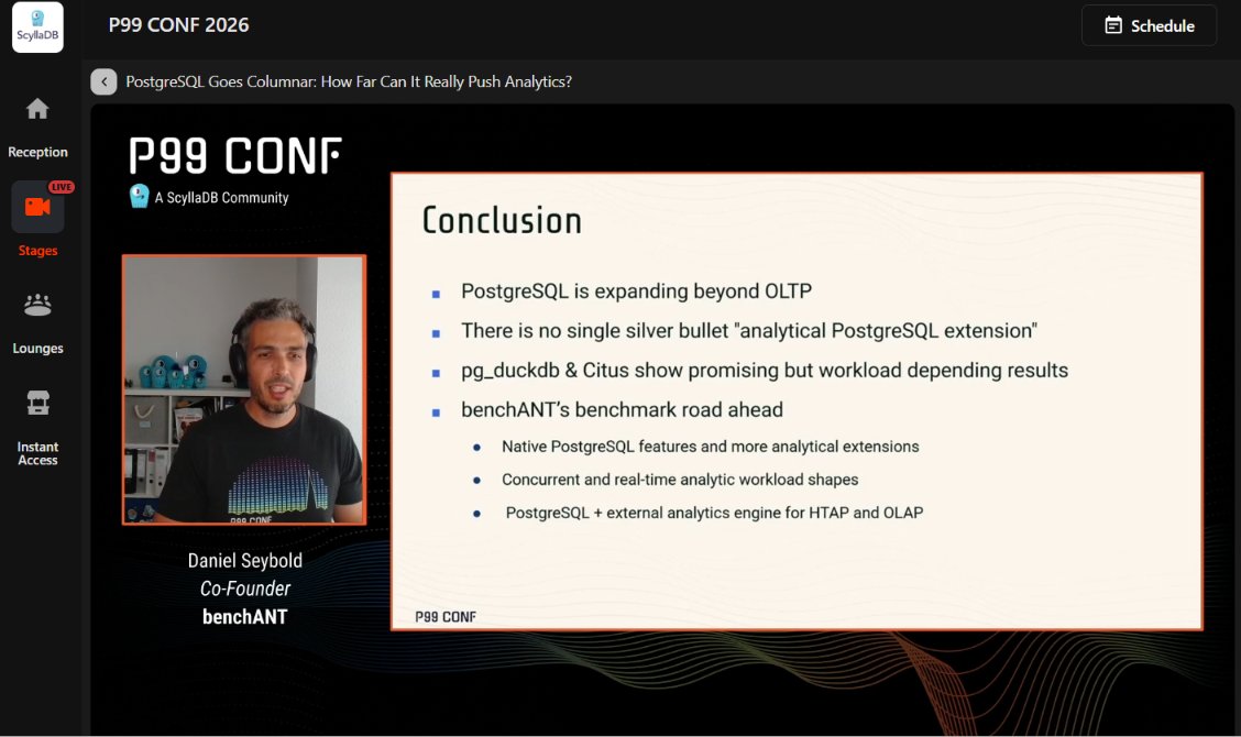 Md_mudasser's tweet photo. There’s no universal winner in analytical query performance!
Daniel Seybold’s benchmark insights:
🔹 Compares PostgreSQL, pg_duckdb, Citus and ClickHouse.
🔹 Evaluates ClickBench and TPC-DS.
🔹 Best performance depends on workload.
@P99CONF @ScyllaDB #P99CONF @duckdb @PostgreSQL https://t.co/jxtvDHmSXQ
