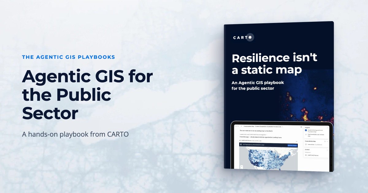 CARTO's tweet photo. When conditions change, public agencies need their spatial analysis to keep up.

Our new playbook shows how Agentic GIS can rerun governed analysis on demand and includes a service-accessibility tutorial.

Get it now: https://t.co/OditCnBCHp https://t.co/aHtEsrV68j