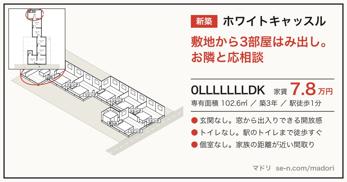 firefightertrpg's tweet photo. ホワイトキャッスル（施主「庭がほしい」）
→「敷地から3部屋はみ出し。お隣と応相談」
0LLLLLLLDK・家賃7.8万円
築3年・駅徒歩1分
#マドリ
https://t.co/sscSEdsA6O
https://t.co/D45OHRDC9W https://t.co/fmEMC3Jg1m