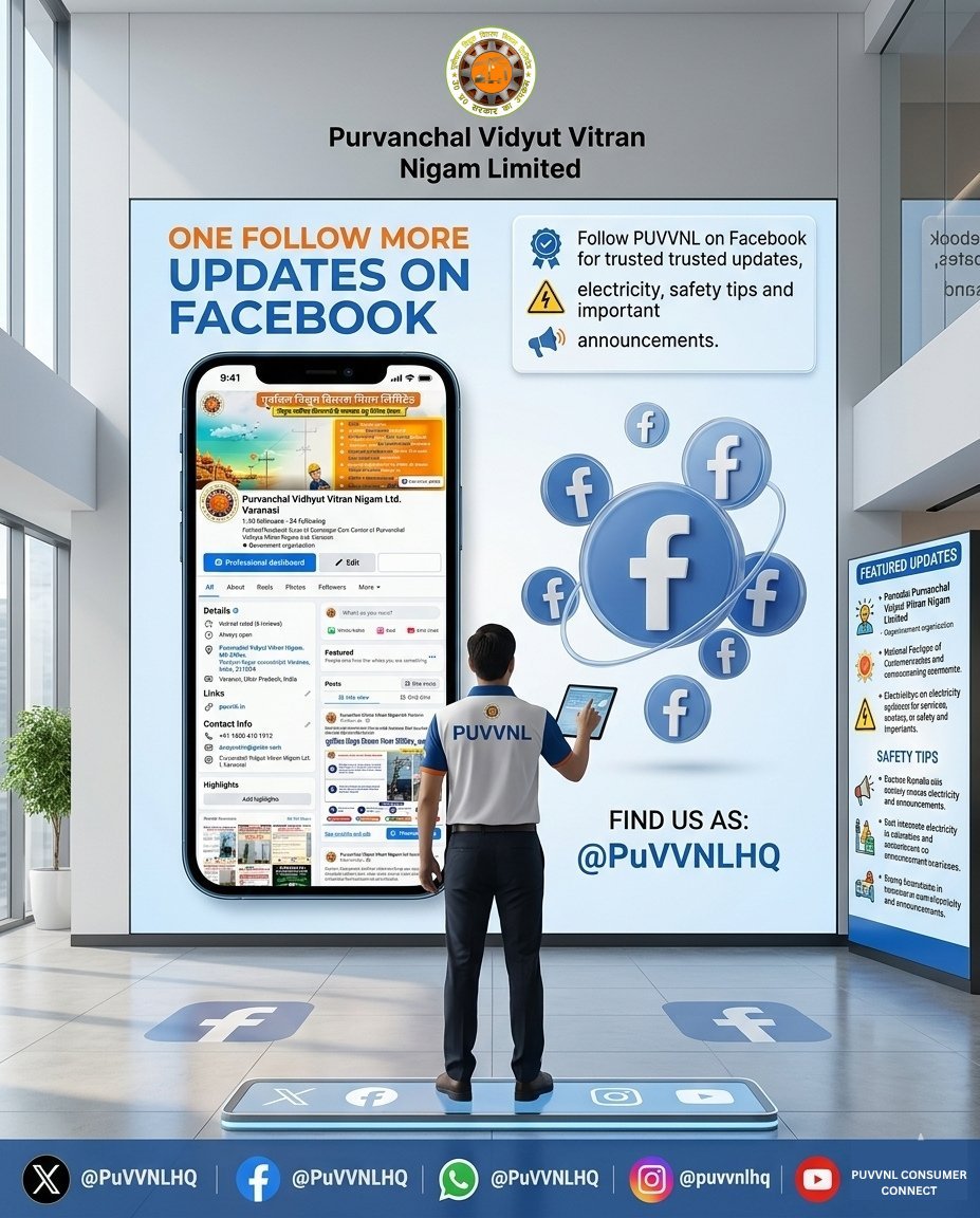 PuVVNLHQ's tweet photo. Stay connected with PUVVNL on Facebook and keep up with the latest electricity updates, consumer services, safety awareness  and important announcements. Follow the official PUVVNL page and stay informed with reliable information.
 https://t.co/ORBmViAENS 

#PUVVNL #Facebook #FollowUPPCL #StayConnected

@aksharmaBharat                 @EMofficeUP
@ChairmanUppcl                   @CMOfficeUP
@ChiefSecyUP                        @UPPCLLKO
@DTPuvvnl
