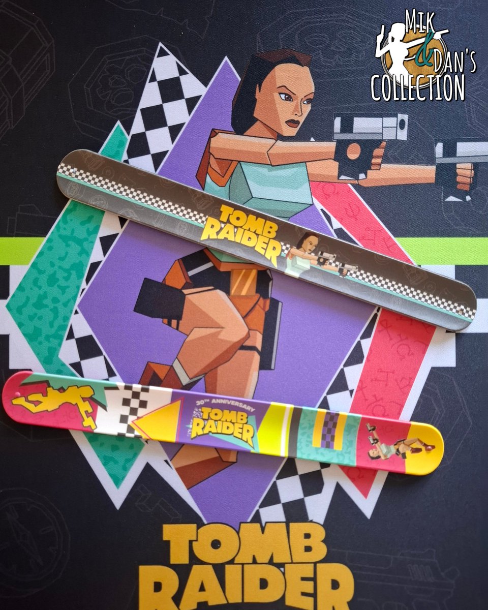CollectionMik's tweet photo. The Tomb Raider "slap bracelets" are available on the Sharkrobot website. They come in two versions: a gray one and a much more colorful one, both in a retro, 90s style. 

#laracroft #tombraider @tombraider #tombraidercollection https://t.co/ntWJJDD6Ex