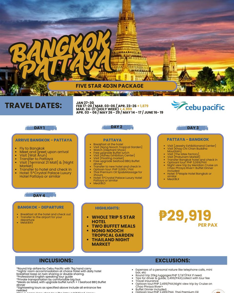 JoseBurlo's tweet photo. Bangkok–Pattaya 5-Star Package: 5 Days, 4 Nights with roundtrip Cebu Pacific flights, hotel, buffet meals, tours, transfers, Nong Nooch Garden and night market. From ₱29, 919 per pax. Terms apply. Message us to book. https://t.co/HioWozMBdC