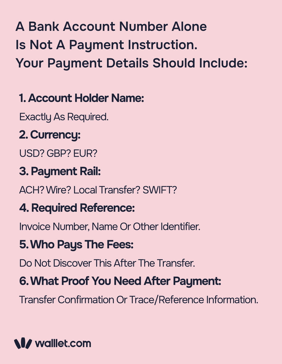 walllet_com's tweet photo. Sending a client an account number isn’t the same as giving them clear payment instructions.

Good instructions answer the important questions before money starts moving:

• Who to pay
• Which currency
• Which payment rail
• What reference to include
• How fees should be handled
• What confirmation to send

A few extra details upfront can prevent a much bigger payment problem later.