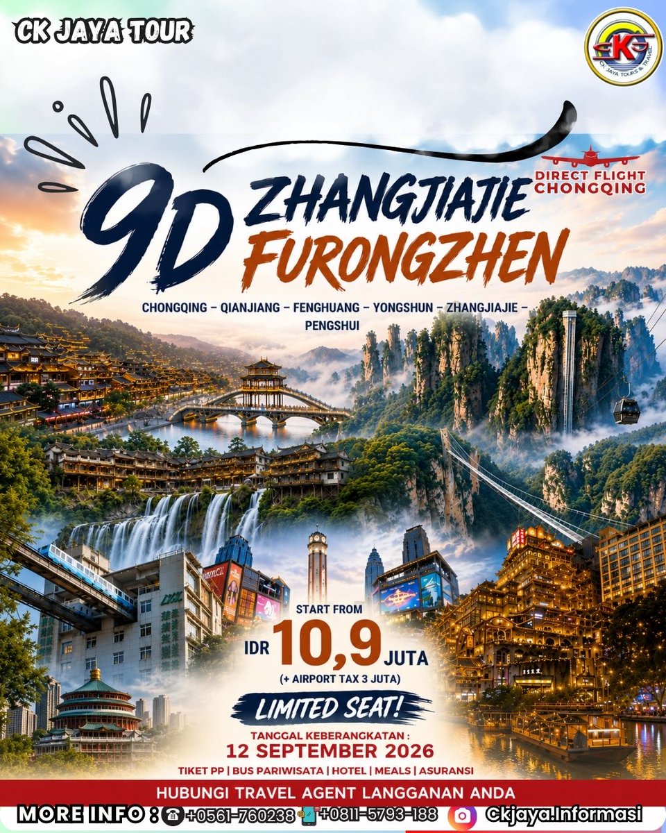 mentessolas's tweet photo. 9D Zhangjiajie–Furongzhen dengan penerbangan langsung ke Chongqing. Jelajahi Chongqing, Fenghuang Ancient Town, Zhangjiajie, dan lainnya. Mulai IDR 10, 9 juta. Berangkat 12 September 2026. Seat terbatas, segera reservasi. https://t.co/f9pwSKrSd3