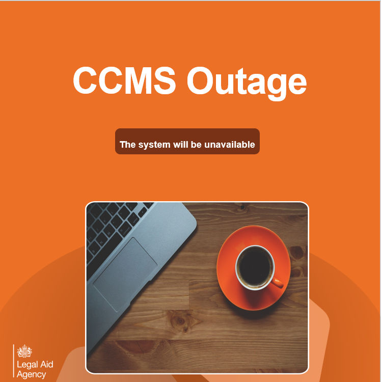 LAAHelpTeam's tweet photo. CCMS will be unavailable on Thursday 22 October, from 5:15pm to 9:15pm due to a scheduled release ⚠️

The system will be offline during this period. Please ensure any work is saved beforehand 💻 

We apologise for any inconvenience. https://t.co/F1gzr9EwRu