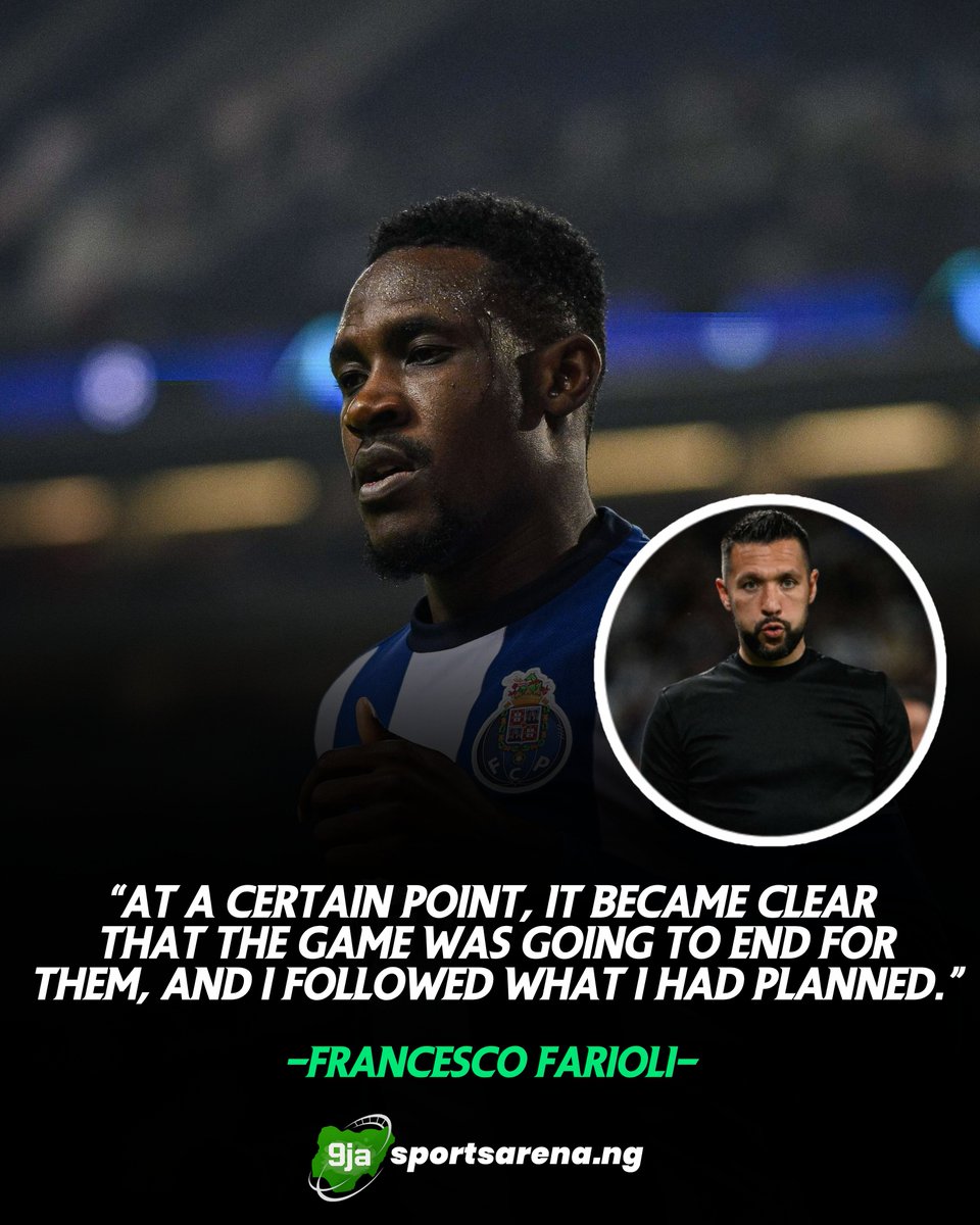 9jasportsarena's tweet photo. 🚨🇳🇬⚽ Farioli explains Sanusi’s sub after Porto’s UCL defeat!
Returned after 7 weeks out, error led to PSV goal.
Coach: “Planned substitution.” ⚠️
#ZaiduSanusi #FCPorto https://t.co/IAvNf95Oey