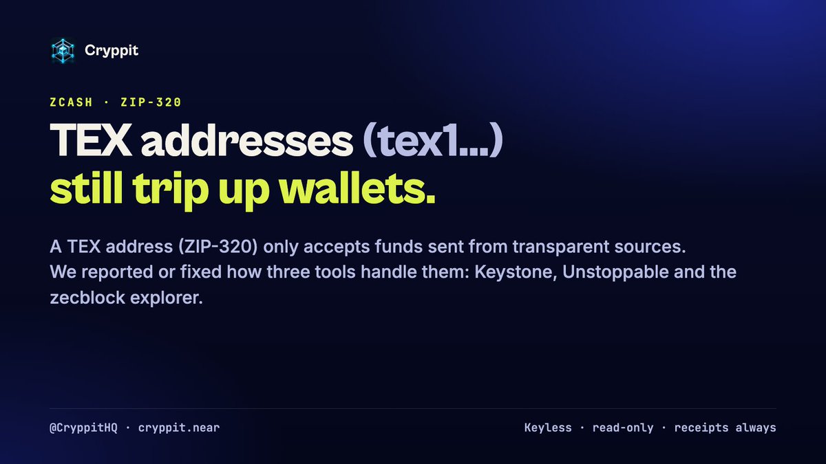 CryppitHQ's tweet photo. Zcash TEX addresses (tex1…, ZIP-320) only accept funds sent from transparent sources. Some tools still trip on them.

We reported or fixed how three handle them: @KeystoneWallet, @unstoppablebyhs and the zecblock explorer.

Details like this decide whether a payment arrives. https://t.co/q6w1x3YWDr