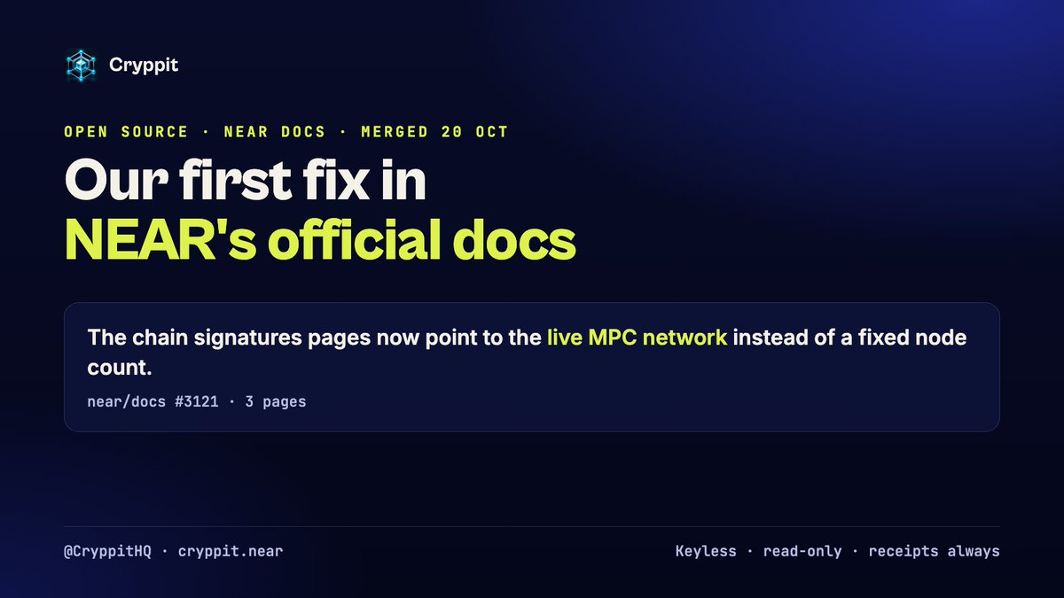 CryppitHQ's tweet photo. Our first fix is now merged into @NEARProtocol's official docs.

The chain signatures pages now point to the live MPC network instead of a fixed node count, so builders read what's actually running.

https://t.co/XcsxhkizFW https://t.co/anqbZPoMEb