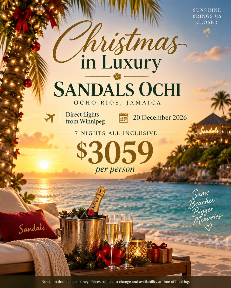 MELiZzHiTAa's tweet photo. Spend Christmas in Jamaica, not shovelling snow. Enjoy 7 nights at adults-only Sandals Ochi with direct flights from Winnipeg departing December 20, 2026. All-inclusive from $3, 059 per person, based on two sharing. https://t.co/0GBIRGYQBN