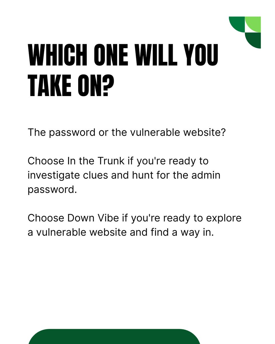 CTF_Room's tweet photo. Two challenges. Two different ways in.

In the Trunk: Find the admin password. Get the flag.
Down Vibe: Find the vulnerability. Find your way in.

Which challenge are you taking on first?

Try both on CTFROOM.

#CTFROOM #Cybersecurity #CTF #CaptureTheFlag https://t.co/npctrQSqPz