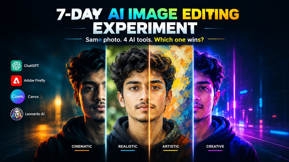 nahid_tech's tweet photo. 1/7
🧪 I'm running a 7-day AI image editing experiment.
Same photo. 4 AI tools. Multiple styles.
Why? I want to see which tool actually delivers when the starting point is identical.
I'll share everything as I go. Follow along 👇
#AIArt https://t.co/f7xkNwmpfg