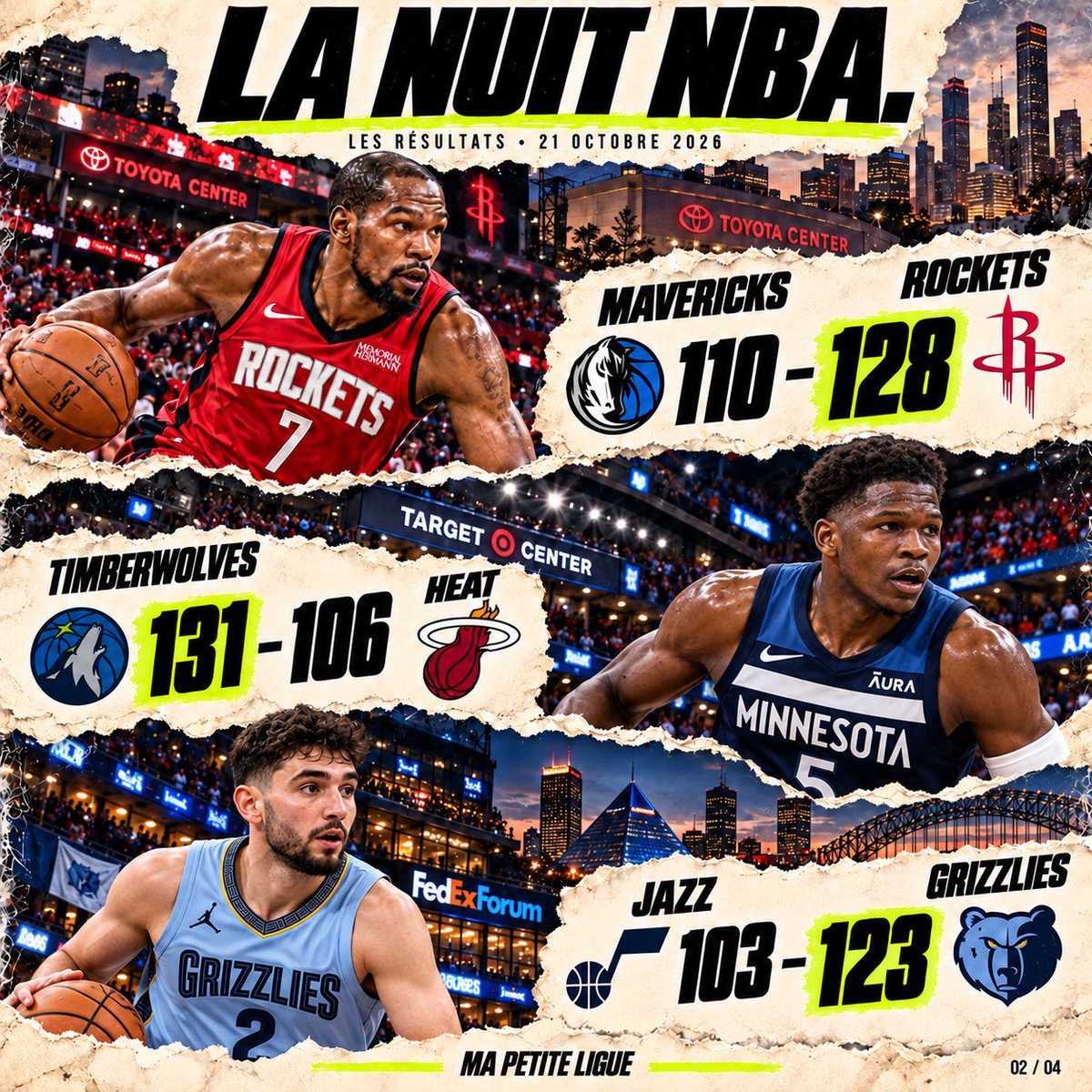 mapetiteligue's tweet photo. Toronto +43. Portland +41. 💥

Les Lakers dominent les Warriors (127–105), Houston gagne le derby texan (128–110) et Indiana passe de justesse (123–120).

🏀 Les 11 résultats du 21 octobre dans les 4 images.

Qui t’a le plus impressionné ? #NBA https://t.co/2hGfK3zpod