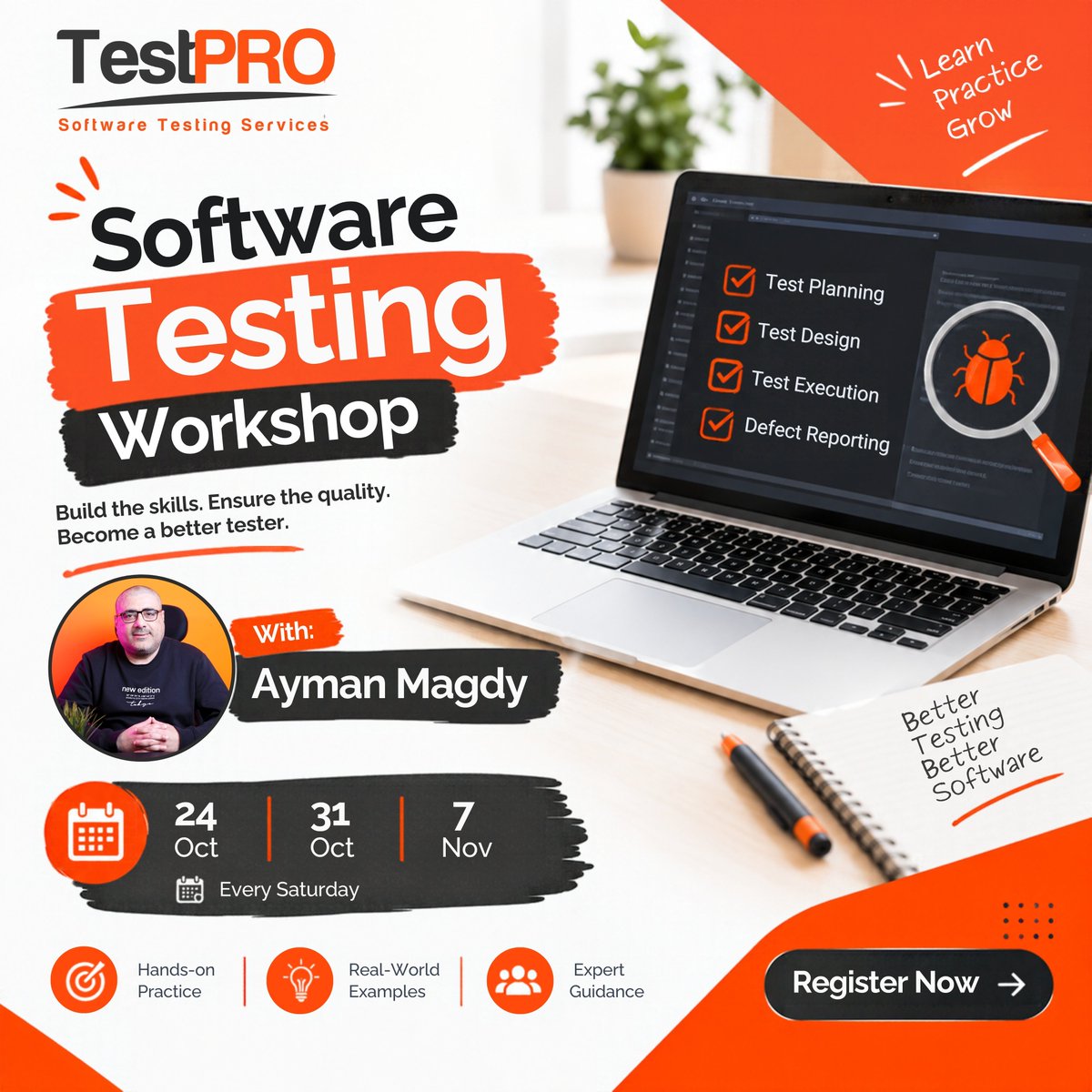 testproeg's tweet photo. Register now, the seats are limited

Take your software testing skills from theory to hands-on experience with Ayman Magdy’s Software Testing Workshop.

👨‍🏫 Trainer: Ayman Magdy
Every Saturday: 24 &amp; 31 October &amp; 7 November

🔗 Register now:
https://t.co/caDmV8vdHC

#TestPRO https://t.co/MiMFwb0Am2