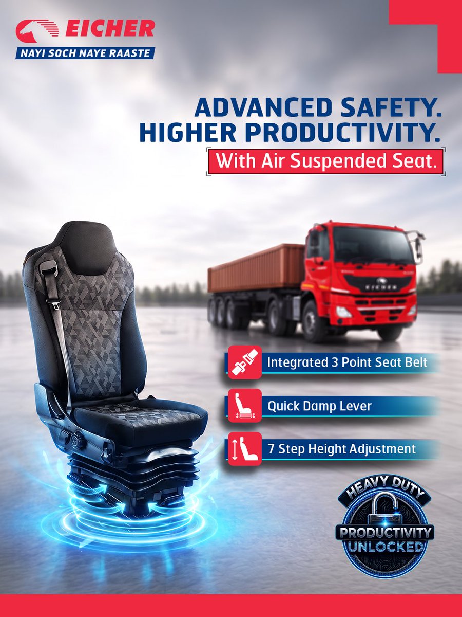 ETBIndia's tweet photo. A better driving experience goes a long way.
Greater driver comfort supports higher productivity, helping your business earn more.
#EicherHeavyDutyTrucks #AirSuspendedSeat #HeavyDutyIntelligence #SmartTrucking #Comfort #EicherHDTrucks https://t.co/pUaD23kioP