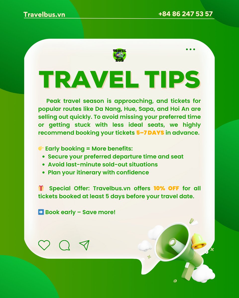 blu3ningz's tweet photo. Book early and save 10% on bus tickets to Da Nang, Hoi An, Hue, and Sapa. Reserve at least 5 days ahead to secure your seat and ideal departure time. Daily departures. Hotline/WhatsApp: +84 86 247 53 57 https://t.co/aVPs5M11qx