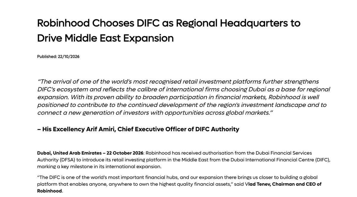 HashHadir's tweet photo. Robinhood just got full DFSA approval in Dubai.

They’ll set up their MENA HQ in DIFC and plan to launch crypto + stocks + ETFs + investment tokens across the region in 2027.

Dubai keeps positioning itself as the regulated crypto hub for the Middle East..... https://t.co/IPDXwQuqdo