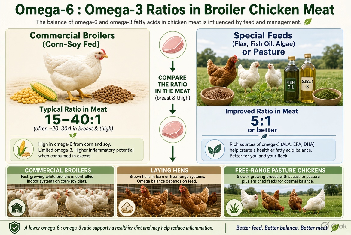 vishwasanskruti's tweet photo. Omega-6:Omega-3 ratios in commercial broiler chickens versus improved feeds, featuring hens, broilers, and free-range/pasture-style birds.
#broilers #freerange #pastures https://t.co/pxKSZNT1gm