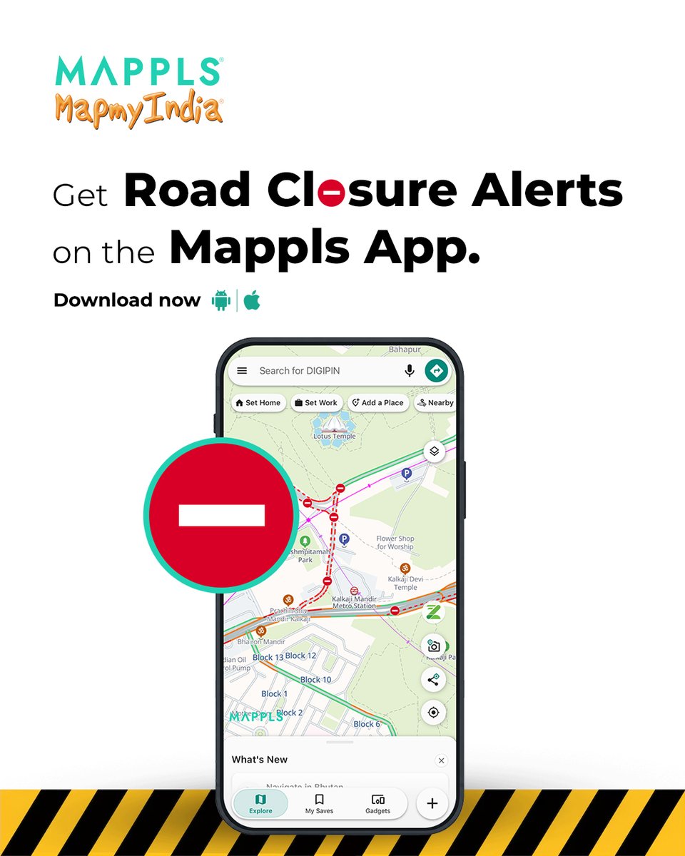 mappls's tweet photo. Sometimes, the road you usually take isn’t the road you can take today. 🚧

A temporary closure can mean an unexpected detour when you’re already on your way. With Road Closure Alerts on the Mappls App, know about closures along your route before you head out. https://t.co/kf6Kdtualm