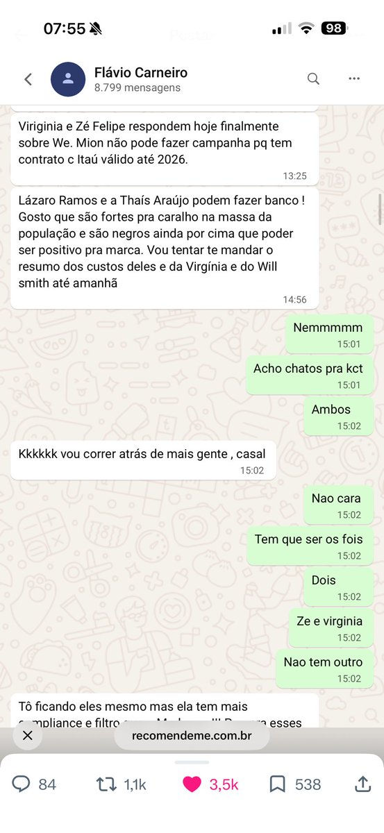 flavia_pribeiro's tweet photo. 😂 QUE LIVRAMENTO, LÁZARO RAMOS E TAÍS ARAÚJO!

Flávio Carneiro sugeriu os dois para uma campanha do banco ligado a Vorcaro, destacando sua popularidade e representatividade negra.

A resposta atribuída ao banqueiro? “Acho chatos pra kct. Ambos.”

Ser considerado chato por Vorcaro deve ser uma honra! 😂

Chatos, leia-se: conscientes, inteligentes, respeitáveis e com posicionamento!

Ele queria mesmo Virginia e Zé Felipe. Pelo visto, eram os que combinavam com a publicidade que tinha em mente.

Às vezes, ser rejeitado é um baita elogio! 👏🏿