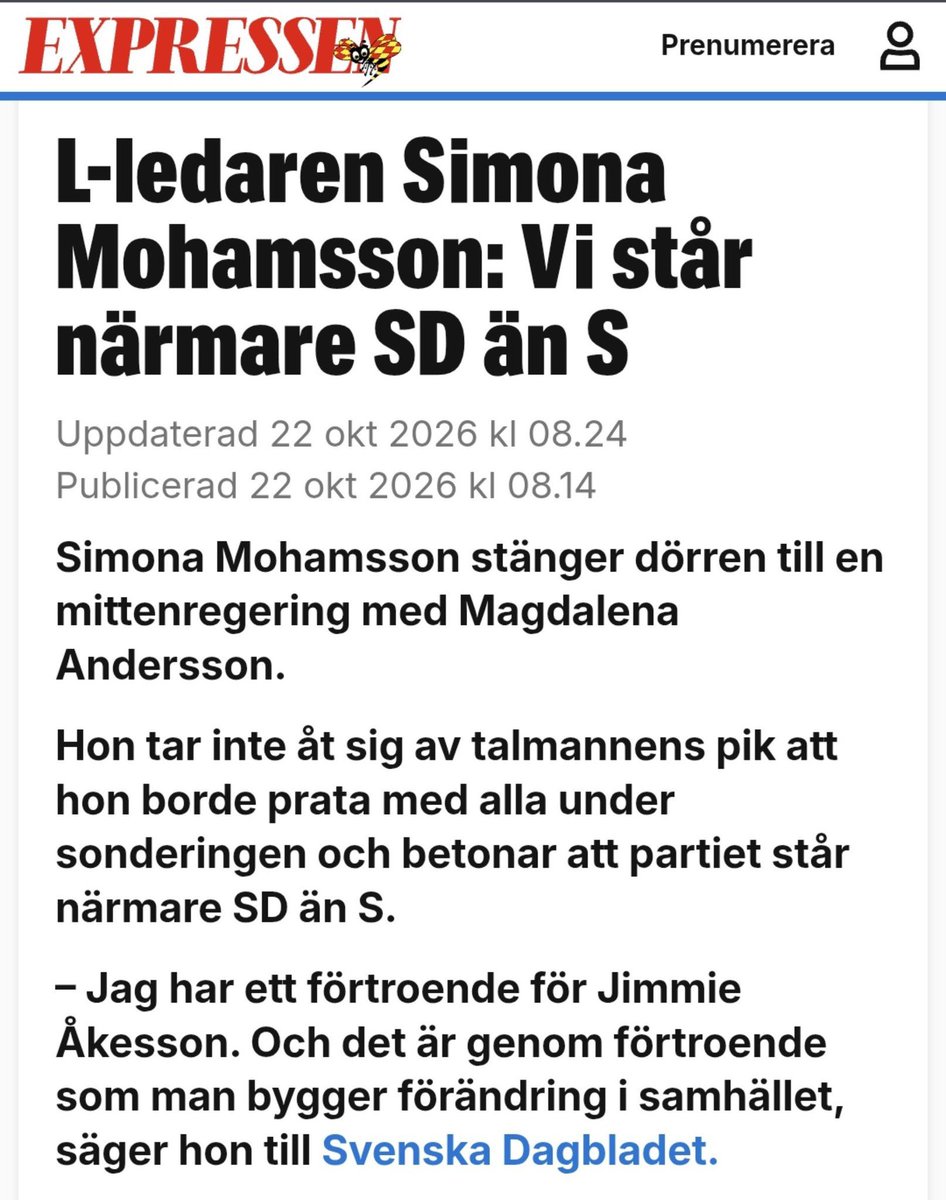 pavloscavelier's tweet photo. Håller andra liberaler med sin partiledare om att de är närmare SD än S? Häpnadsväckande påstående https://t.co/0So5HJbpRX
