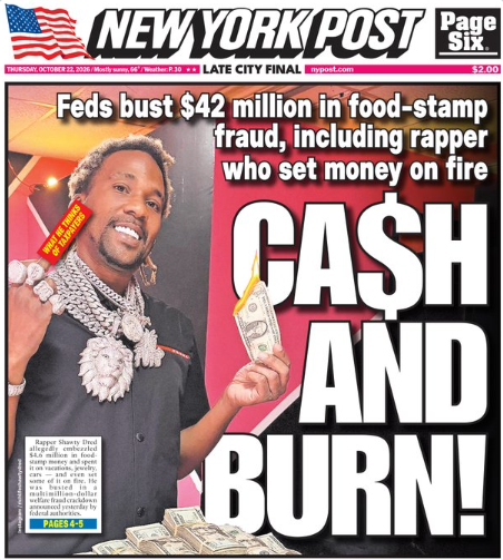 GuntherEagleman's tweet photo. 🚨 WOW: An Atlanta rapper named "Shawty Dred" is charged with stealing MILLIONS in food stamps and then flexing it on Instagram.

Feds say he controlled more than 350 FAKE SNAP accounts made with STOLEN identities.

They say Georgia was duped into sending about $4.6 MILLION into those accounts.

Meanwhile, he was posting private jets, Rolls-Royces, stacks of cash, and calling people "broke."

The New York Post says he even set some of the money ON FIRE.

That money was supposed to feed poor families.

He was arrested in Las Vegas and now faces 63 federal counts.

GOOD. Lock him up.