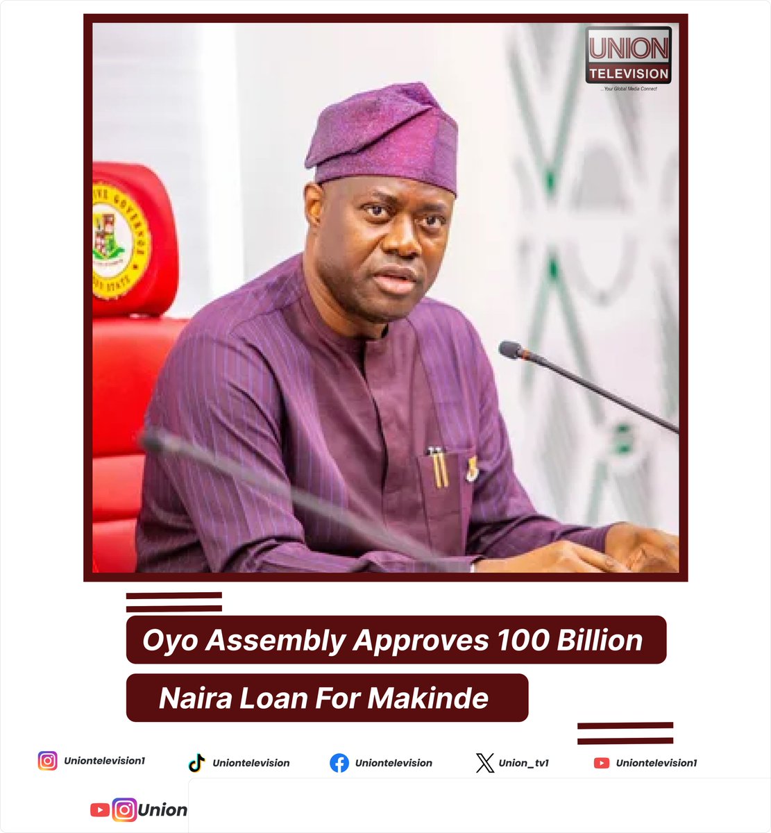 Union_tv1's tweet photo. The Oyo State House of Assembly has approved a β¦100 billion loan facility and a β¦300 billion refinancing arrangement from United Bank for Africa (UBA) Plc.
See Story
https://t.co/flwdz0JAEP
#uniontelevision #OyoState #SeyiMakinde #ibadan
Like @Union_tv1 on X https://t.co/155W3ZtWEd