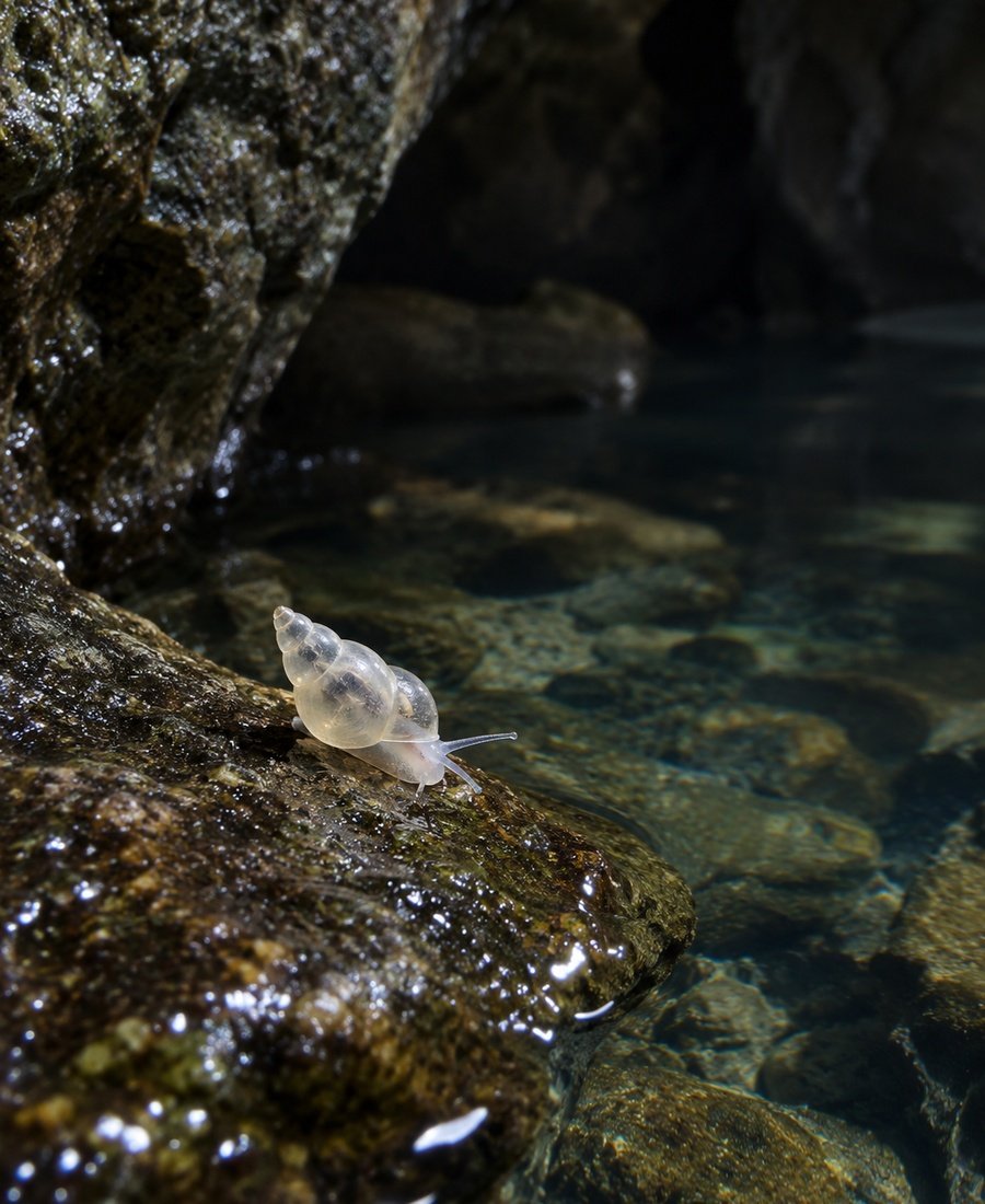NaturellScience's tweet photo. Scientists discovered a ghostly eyeless snail hidden inside a Chinese cave

The tiny species Erhaia dijiang lives in underground freshwater in Yunnan China. It has no eyes a pale body and an almost transparent shell. The snail prefers dark crevices  and feeds on microscopic algae https://t.co/fvLYf9F1Zq
